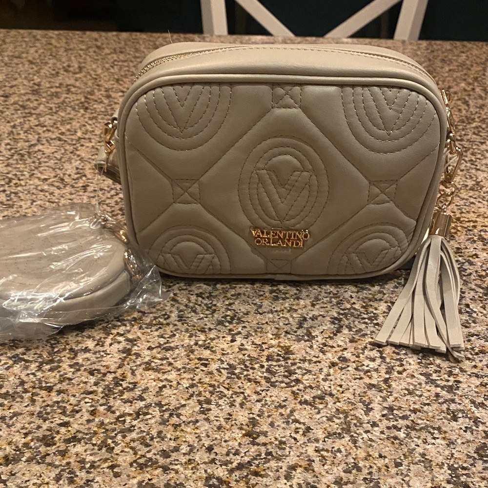 Valentino Orlandi Taupe Quilted Crossbody Bag with Tassel